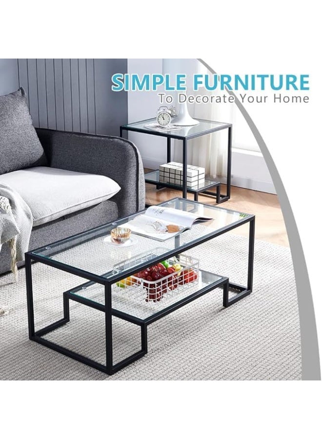 HOME TASTE Coffee Table 2 Tier Modern Tempered Glass Tabletop With Sturdy Metal Frame Centre Table For Dining Room Modern Geometric Glass Coffee Table With Mid Glass Shelf Black - Image 2